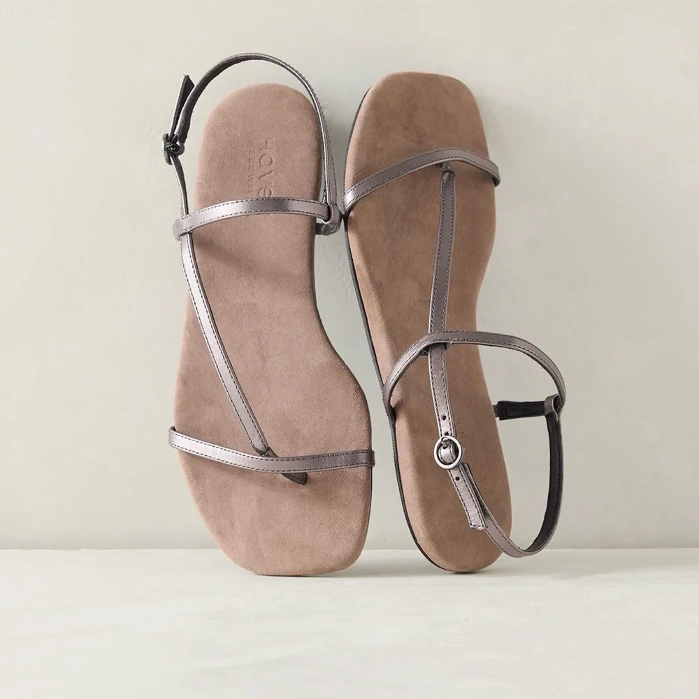 Metallic-Strap Suede Sandals - Gun Metal - Picture 1 of 4